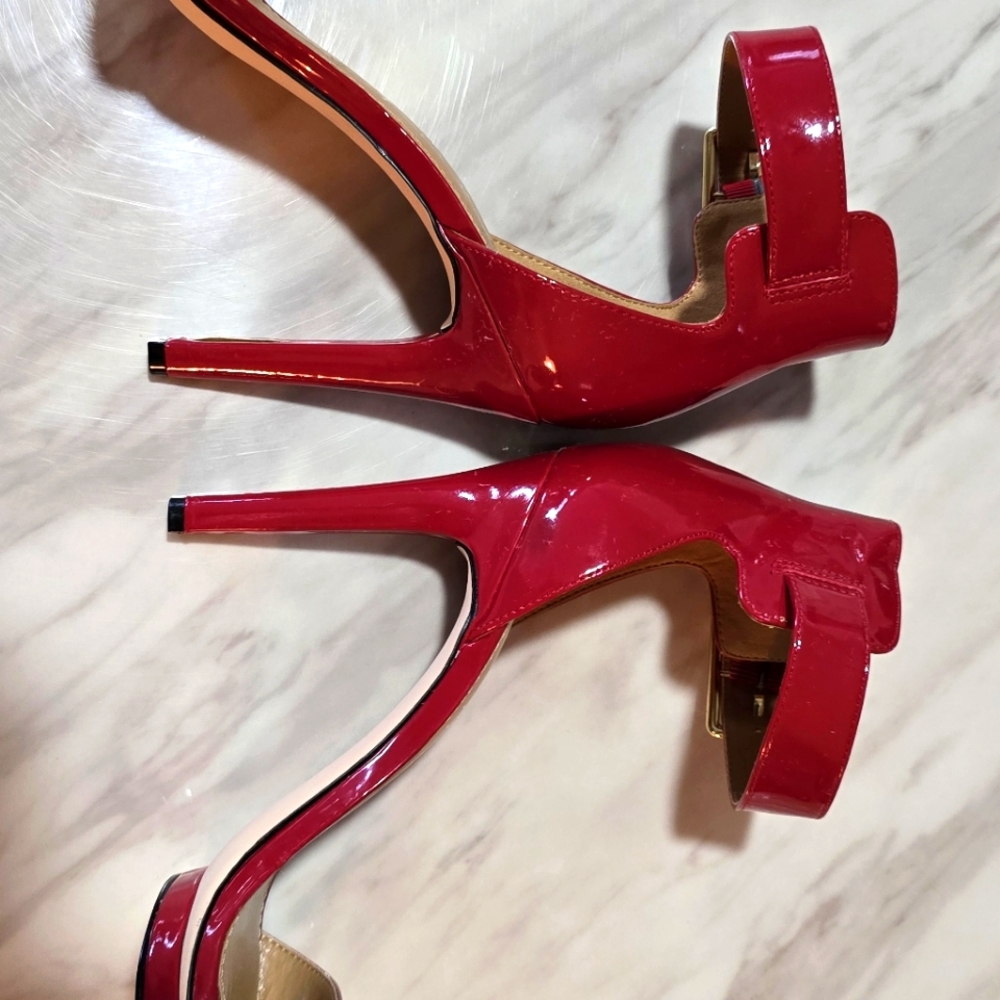 Calvin Klein red strap open toes heels
